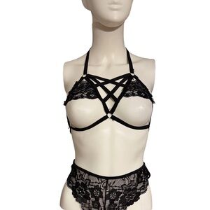 Black Lace Strappy Bralette and High-Waist Panty Set